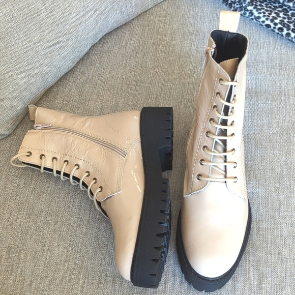 Maeve Patent Leather Combat Boots Lace Up Cream Size 37 US 6.5 - Picture 5 of 14